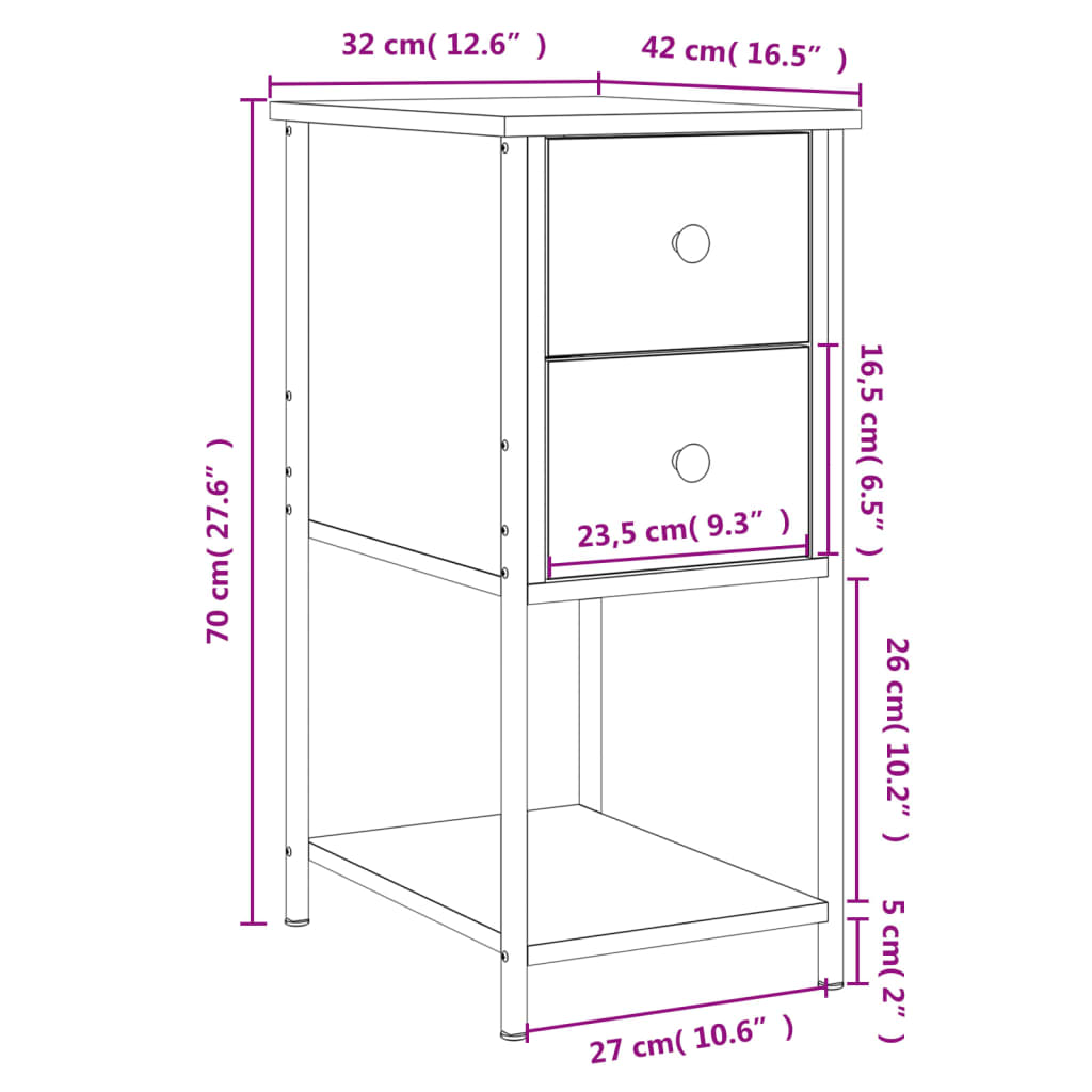 vidaXL Yöpöydät 2 kpl ruskea tammi 32x42x70 cm tekninen puu