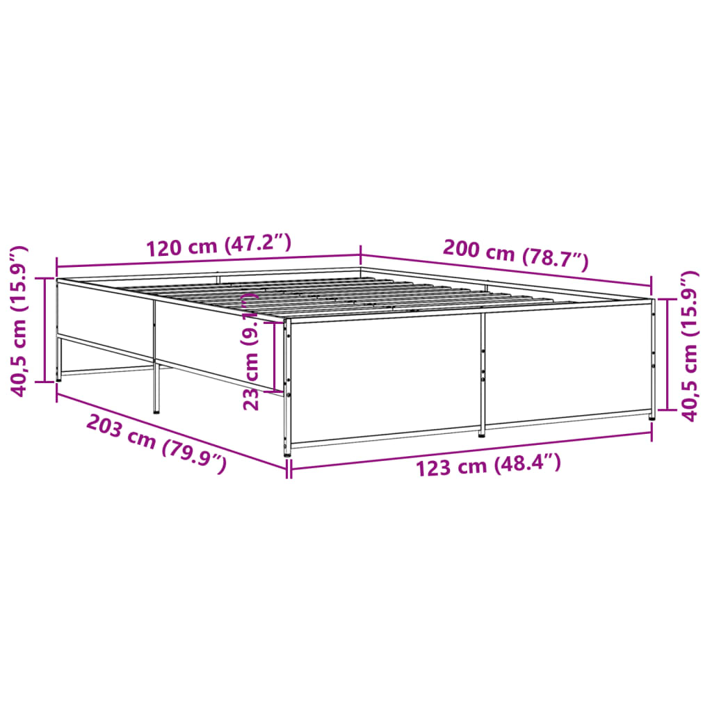 vidaXL Sängynrunko savutammi 120x200 cm tekninen puu ja metalli