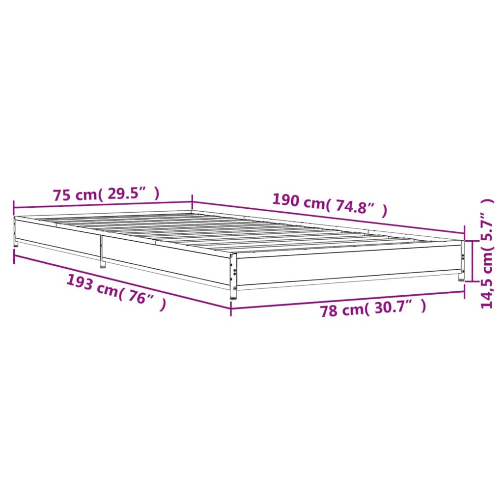 vidaXL Sängynrunko harmaa Sonoma 75x190 cm tekninen puu ja metalli