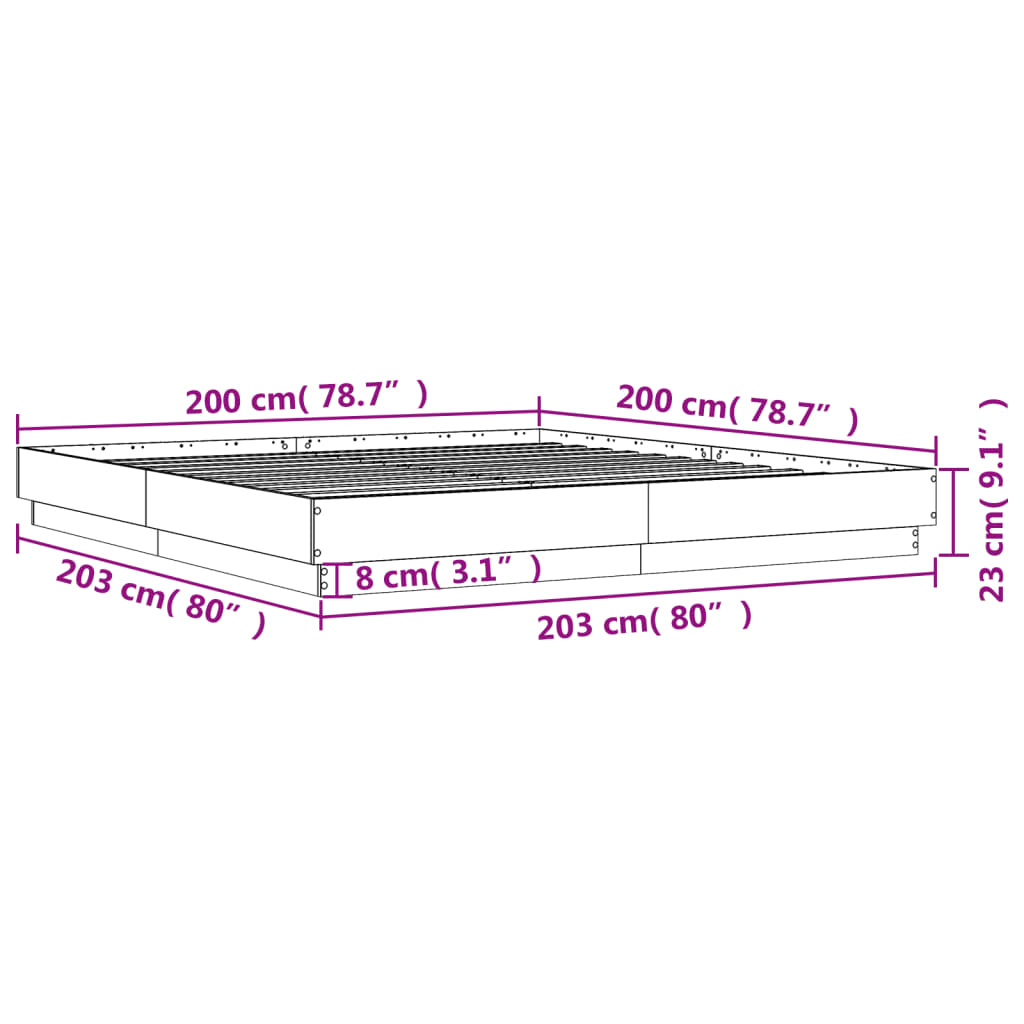 vidaXL Sängynrunko LED-valoilla betoninharmaa 200x200 cm