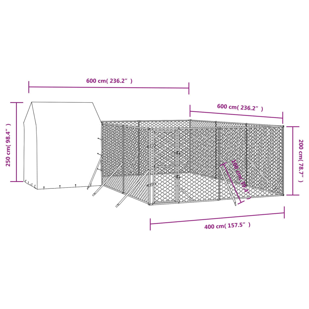 vidaXL Koiran ulkohäkki katolla hopea 6x6x2,5 m galvanoitu teräs