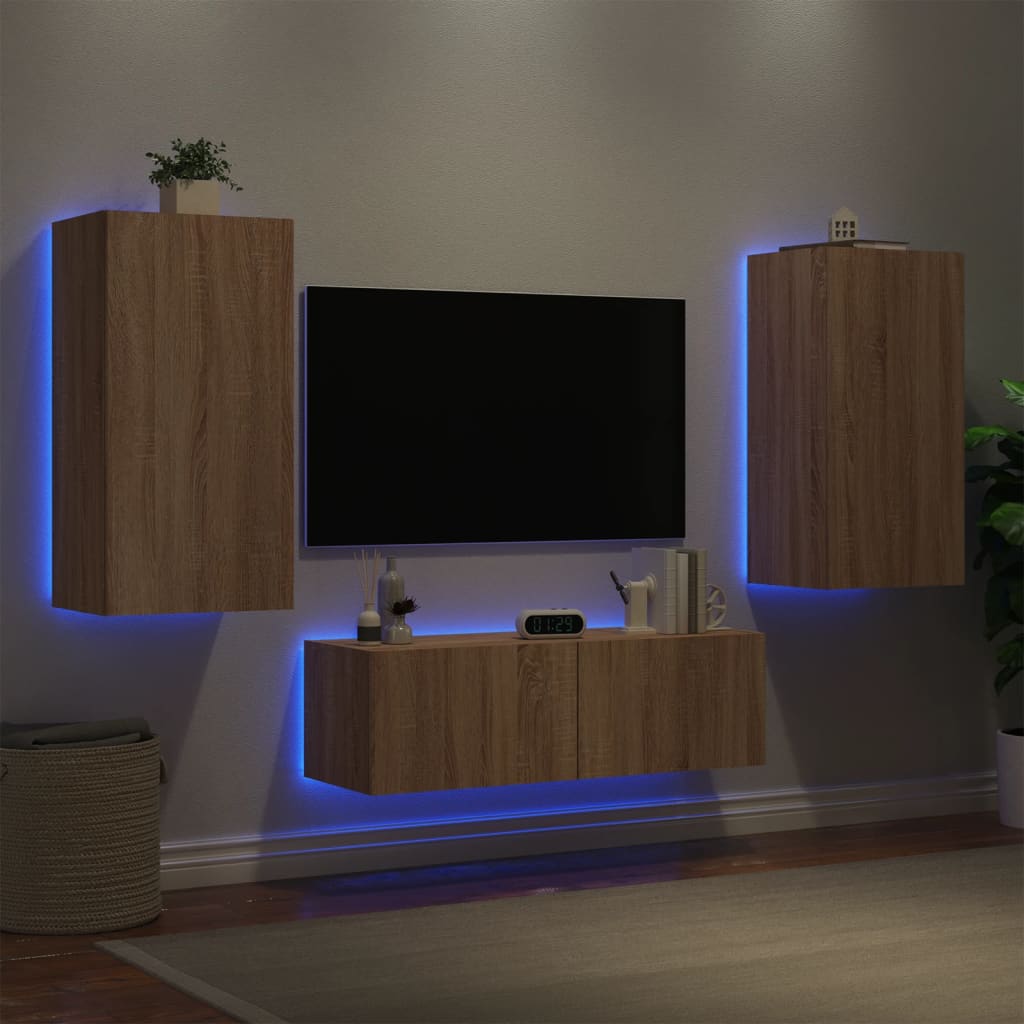 vidaXL 3-osainen TV-seinäkaappisarja LED-valoilla Sonoma-tammi