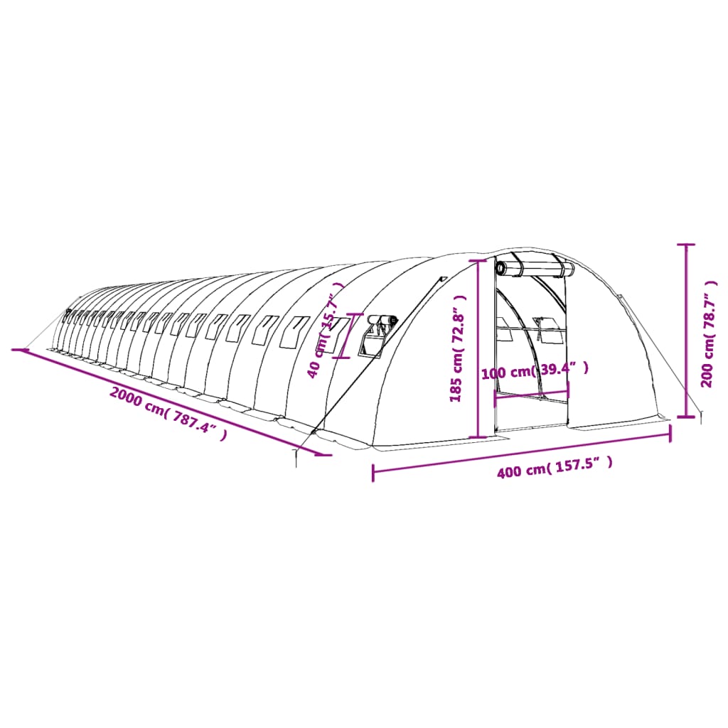 vidaXL Kasvihuone teräsrungolla vihreä 80 m² 20x4x2 m