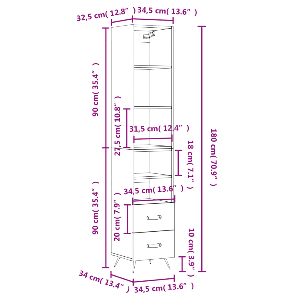 vidaXL Kaappi musta 34,5x34x180 cm tekninen puu