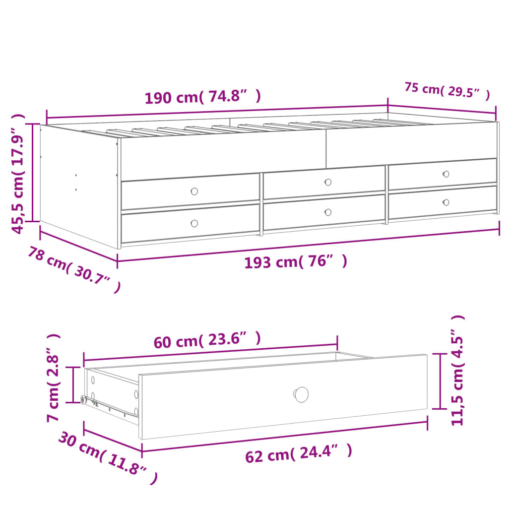 vidaXL Vuodesohva laatikoilla ei patjaa ruskea tammi 75x190 cm