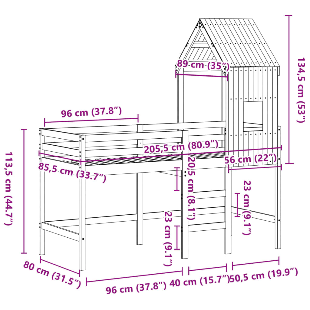 vidaXL Parvisänky tikkailla ja katoksella 80x200 cm täysi mänty