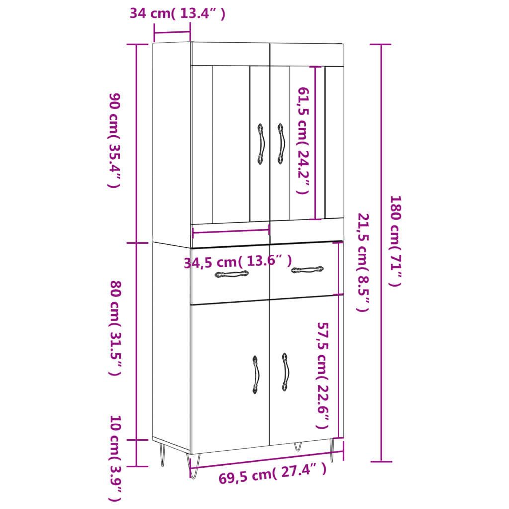 vidaXL Kaappi ruskea tammi 69,5x34x180 cm tekninen puu