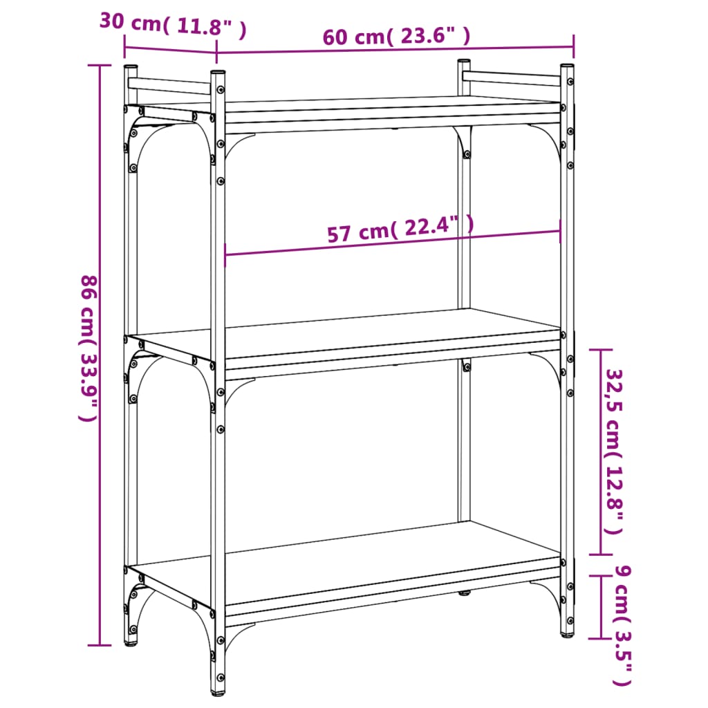 vidaXL Kirjahylly 3 kerrosta musta 60x30x86 cm tekninen puu