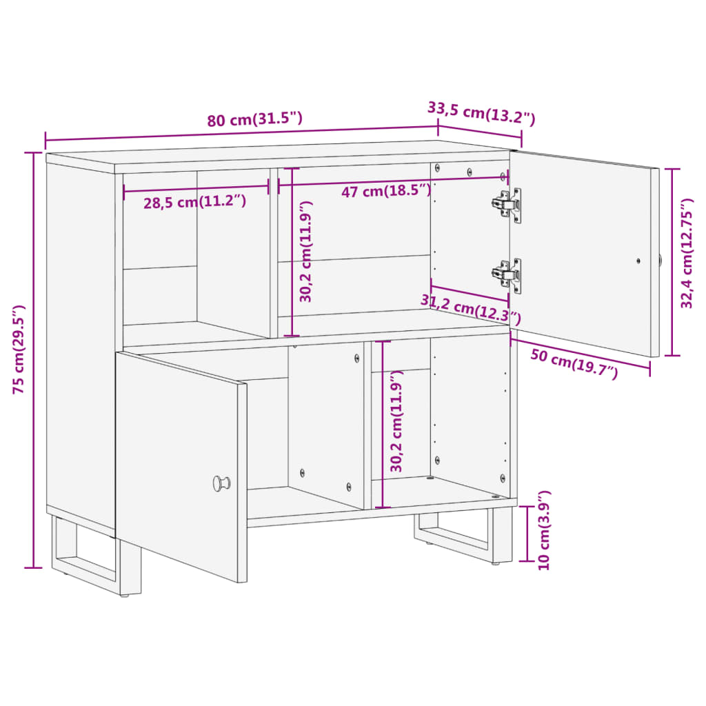 vidaXL Sivukaappi ruskea ja musta 80x33,5x75 cm täysi mangopuu