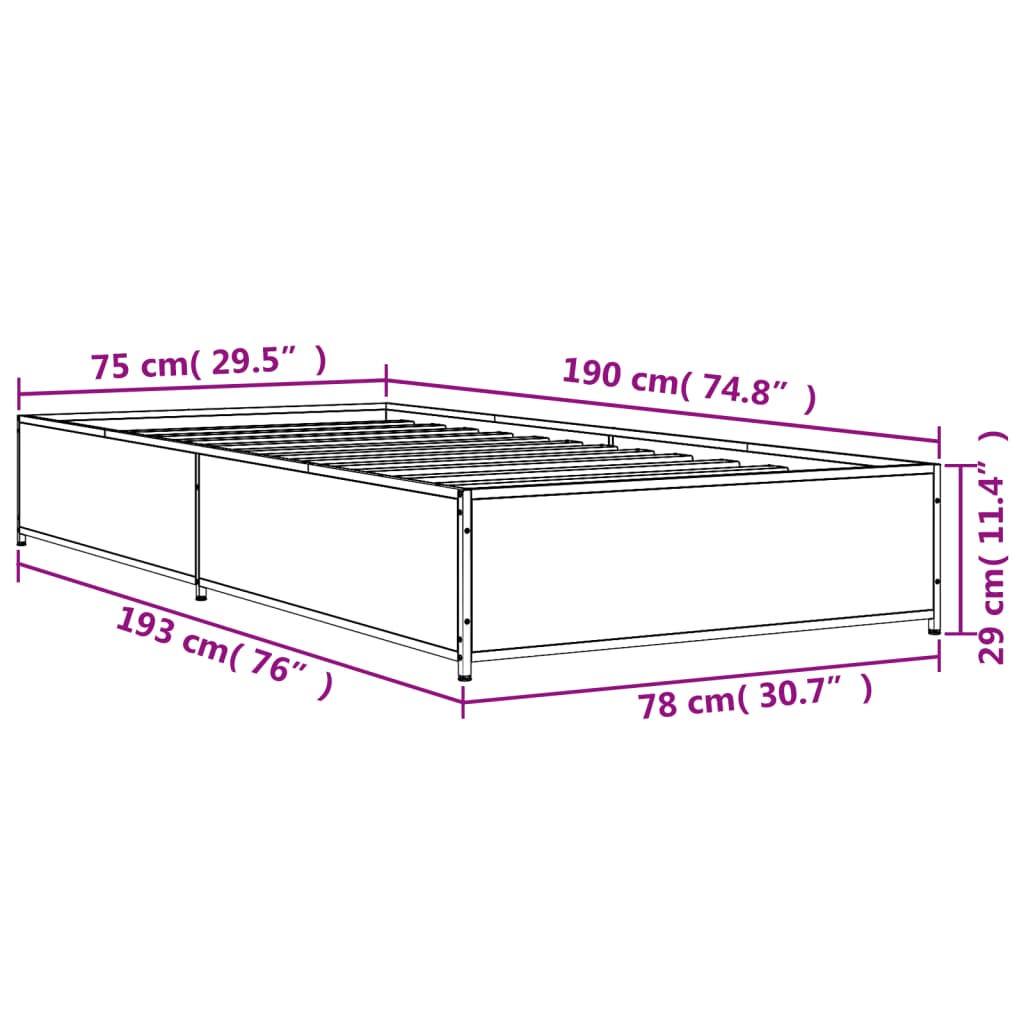 vidaXL Sängynrunko Sonoma-tammi 75x190 cm tekninen puu ja metalli