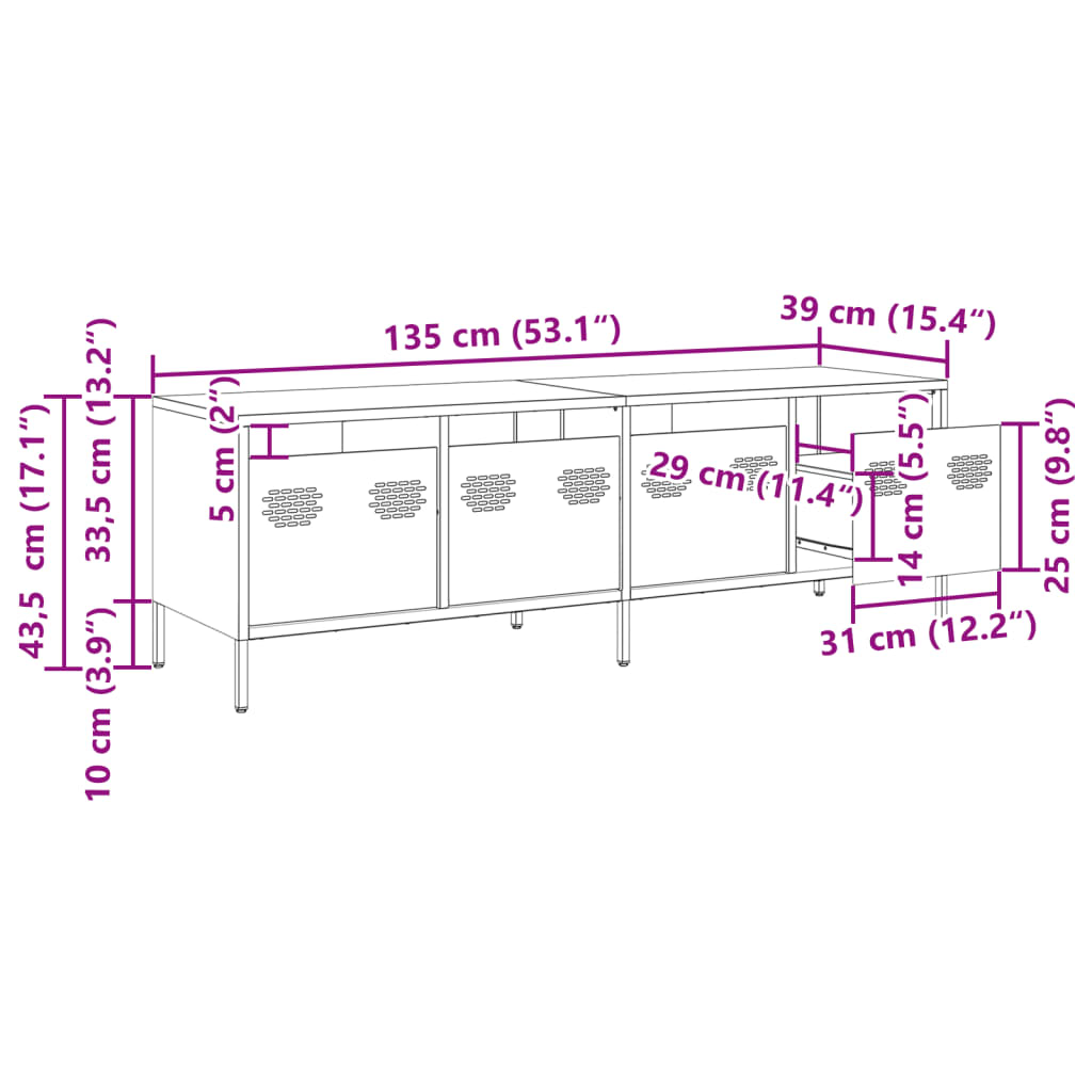 vidaXL TV-taso oliivinvihreä 135x39x43,5 cm kylmävalssattu teräs