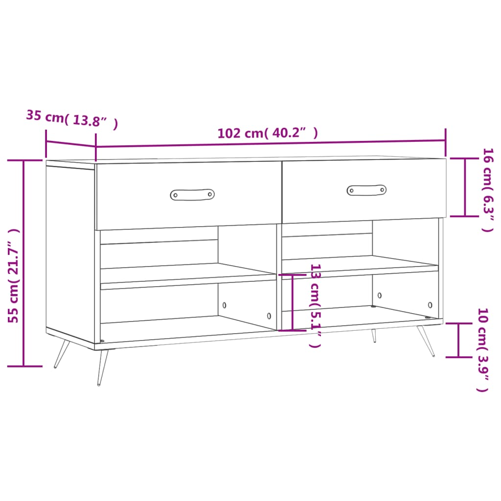 vidaXL Kenkäpenkki Sonoma-tammi 102x35x55 cm tekninen puu