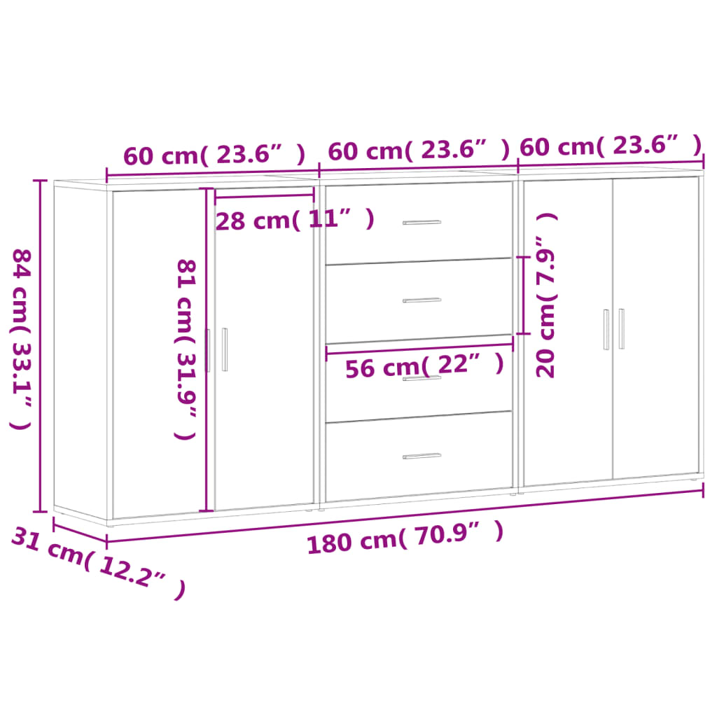 vidaXL Senkit 3 kpl musta 60x31x84 cm tekninen puu