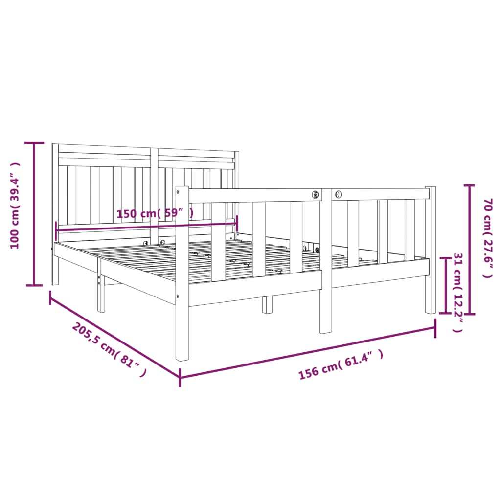 vidaXL Sängynrunko harmaa 150x200 cm King Size täysi puu