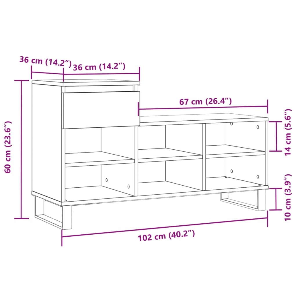 vidaXL Kenkäkaappi savutammi 102x36x60 cm tekninen puu