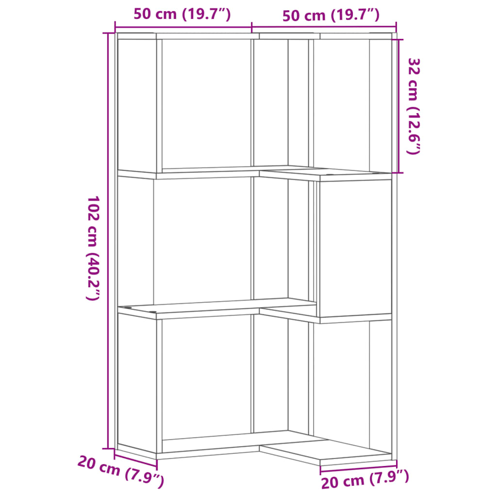 vidaXL Kulmakirjahylly 3 tasoa harmaa Sonoma 50x50x102 cm tekninen puu