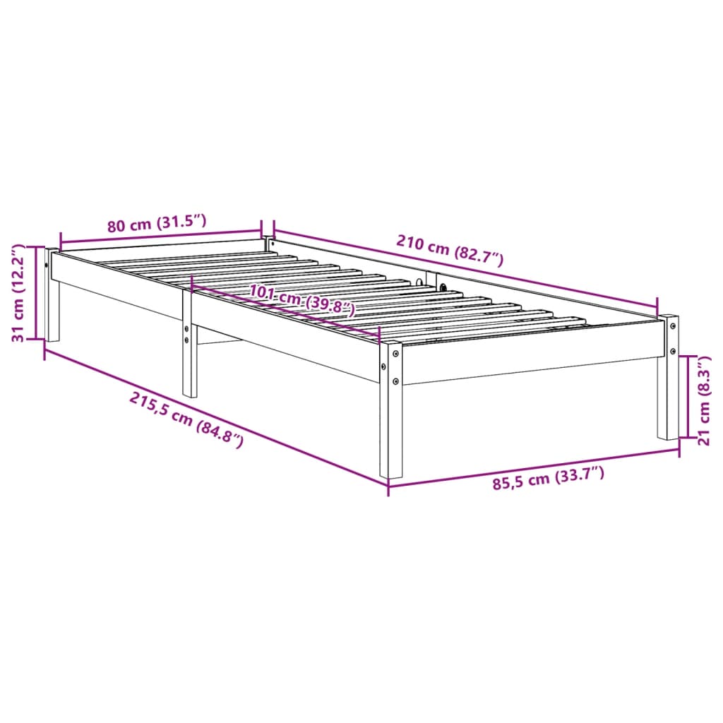 vidaXL Sängynrunko erikoispitkä ilman patjaa 80x210 cm täysi mänty