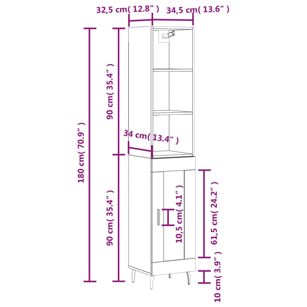 vidaXL Kaappi Sonoma-tammi 34,5x34x180 cm tekninen puu