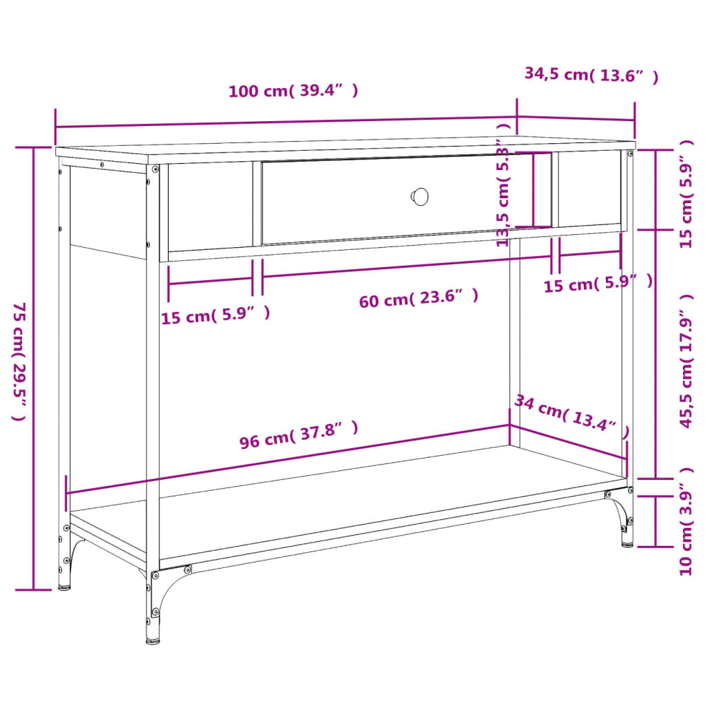 vidaXL Konsolipöytä harmaa Sonoma 100x34,5x75 cm tekninen puu