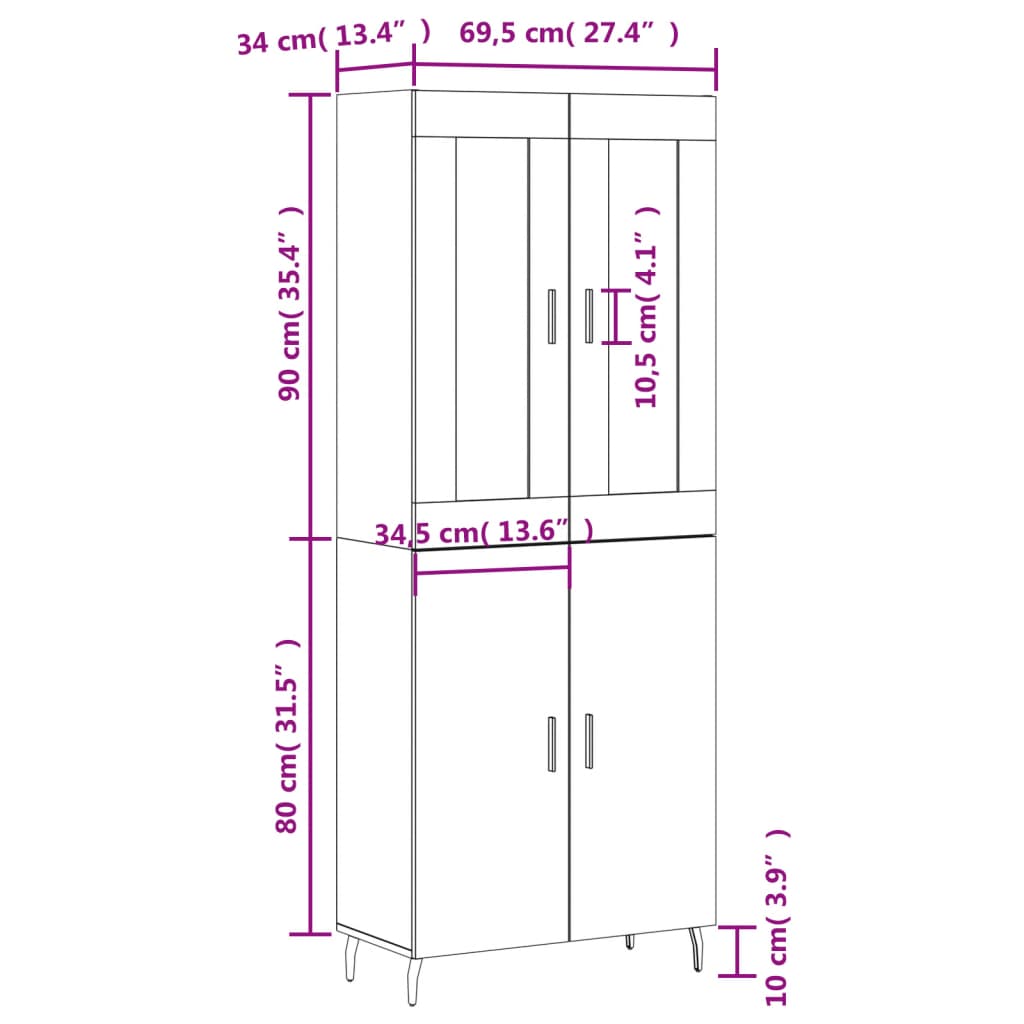 vidaXL Kaappi musta 69,5x34x180 cm tekninen puu