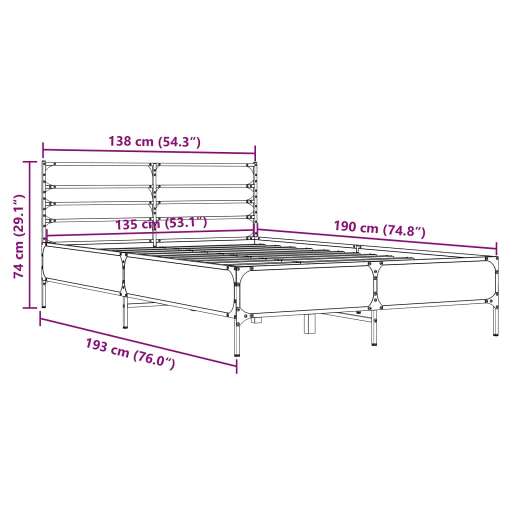 vidaXL Sängynrunko Sonoma-tammi 135x190 cm tekninen puu ja metalli