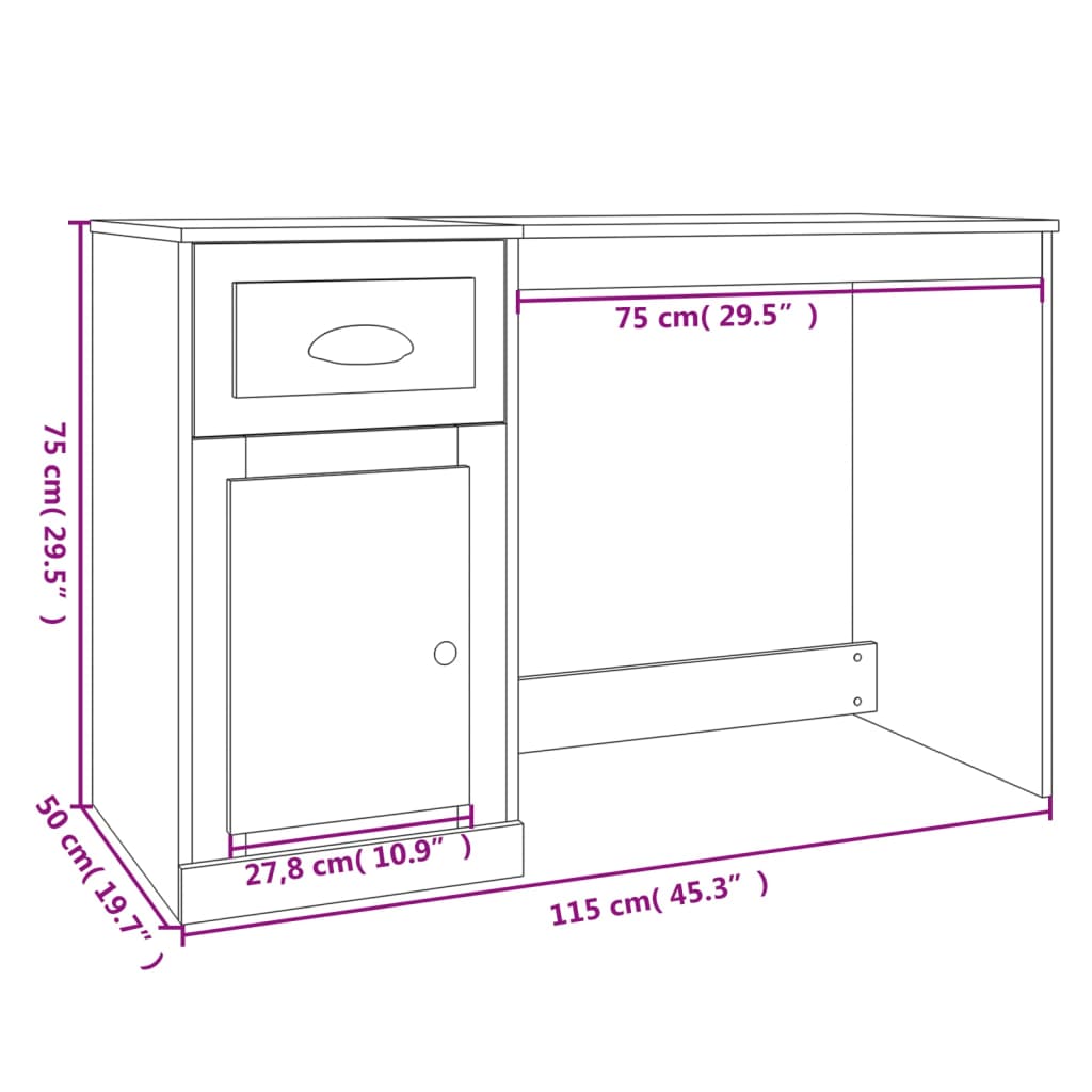 vidaXL Työpöytä laatikolla ruskea tammi 115x50x75 cm tekninen puu