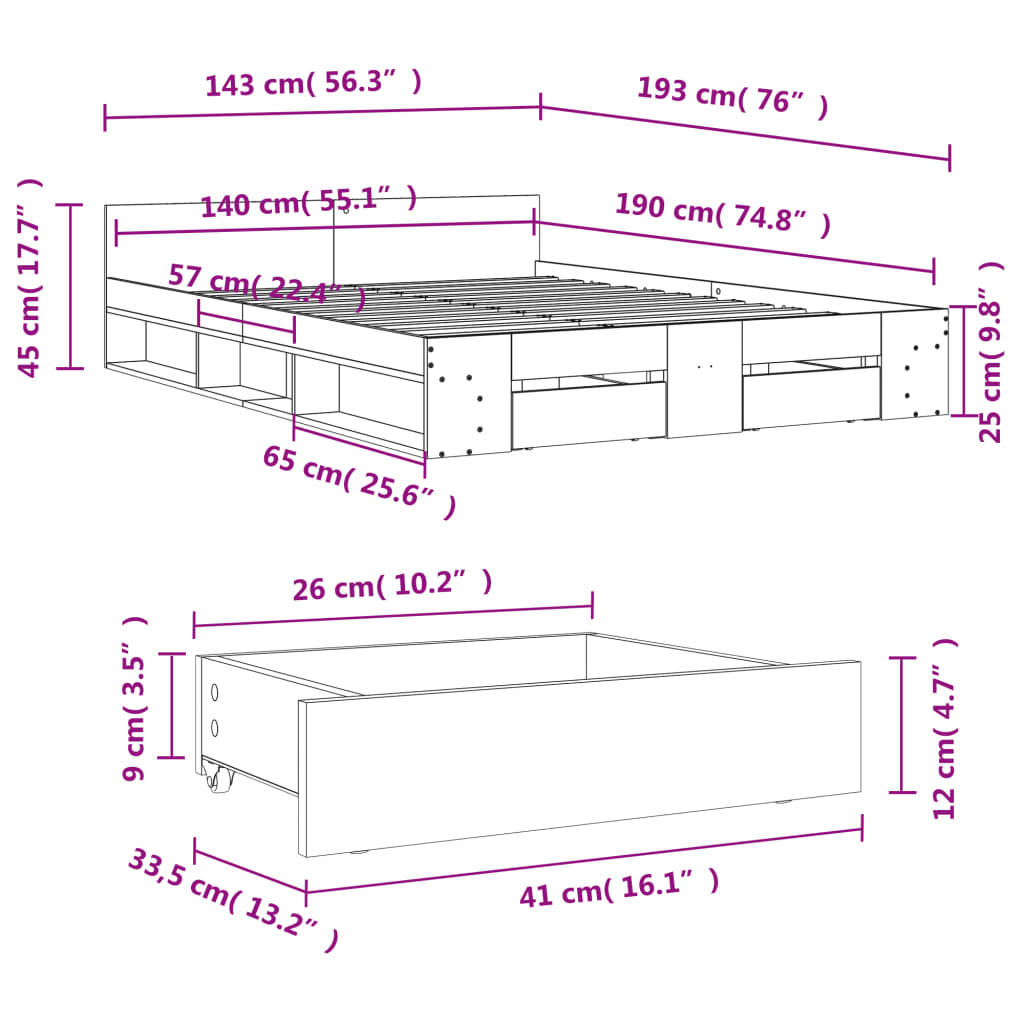 vidaXL Sängynrunko laatikoilla Sonoma-tammi 140x190 cm tekninen puu