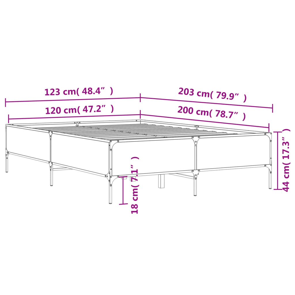 vidaXL Sängynrunko harmaa Sonoma 120x200 cm tekninen puu ja metalli