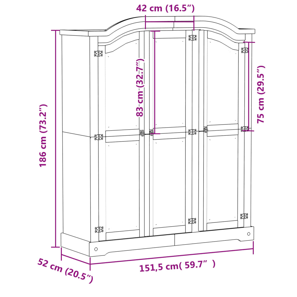 vidaXL Vaatekaappi Corona valkoinen 151,5x52x186 cm täysi mänty