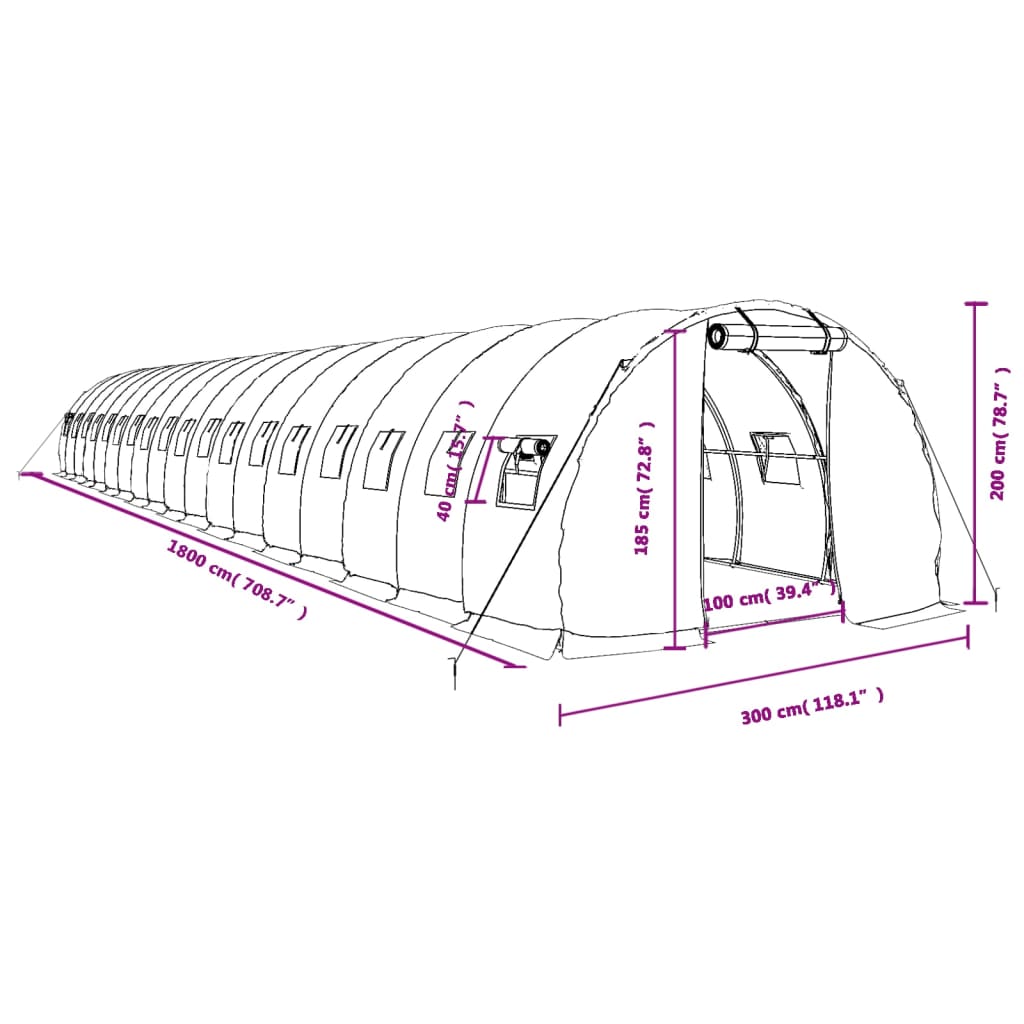 vidaXL Kasvihuone teräsrungolla valkoinen 54 m² 18x3x2 m