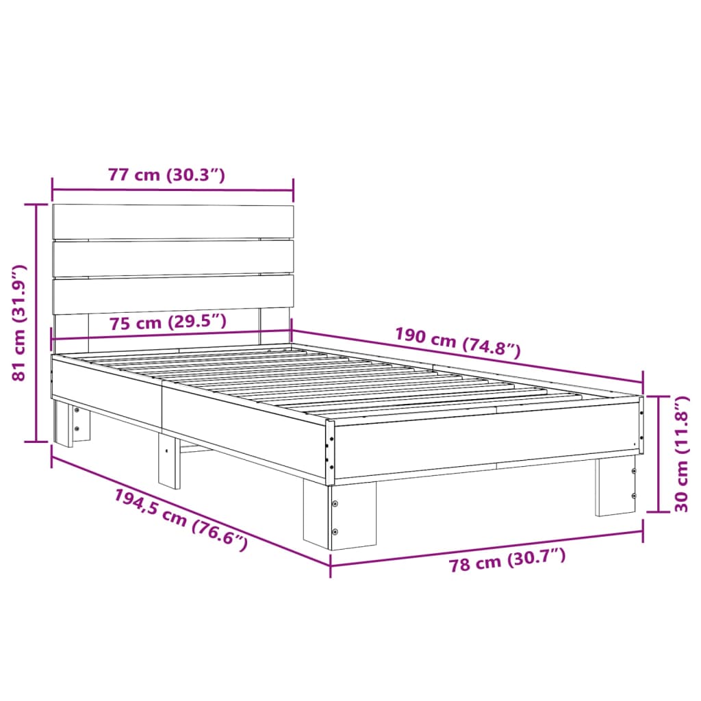 vidaXL Sängynrunko ruskea tammi 75x190 cm tekninen puu ja metalli