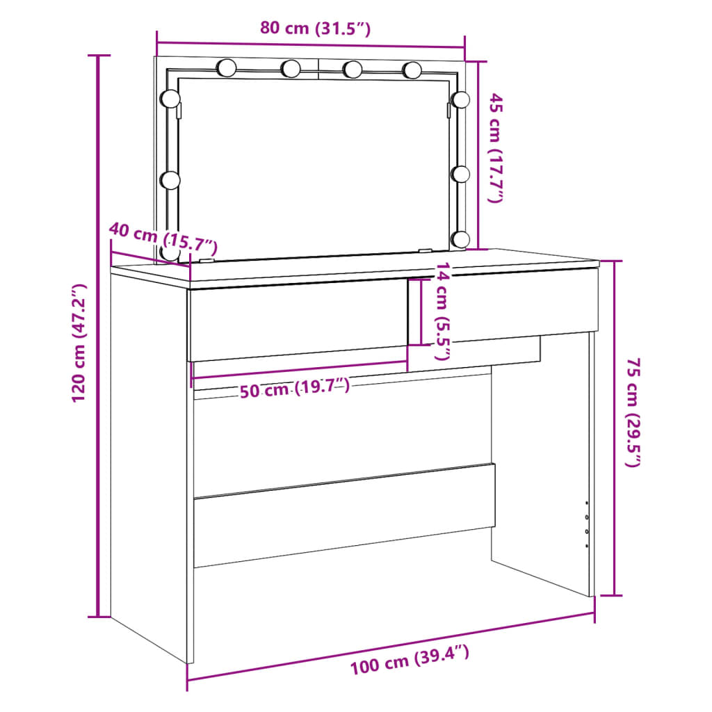 VidaXL Peilipöytä LED-valoilla Sonoma-tammi 100x40x120 cm