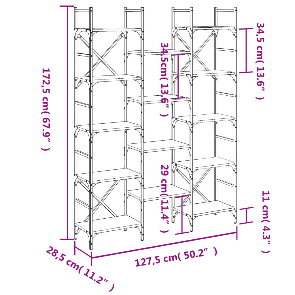 vidaXL Kirjahylly musta 127,5x28,5x172,5 cm tekninen puu