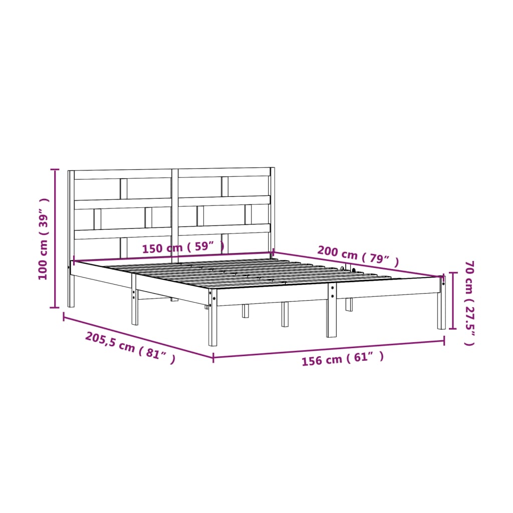 vidaXL Sängynrunko musta 150x200 cm King Size täysi puu