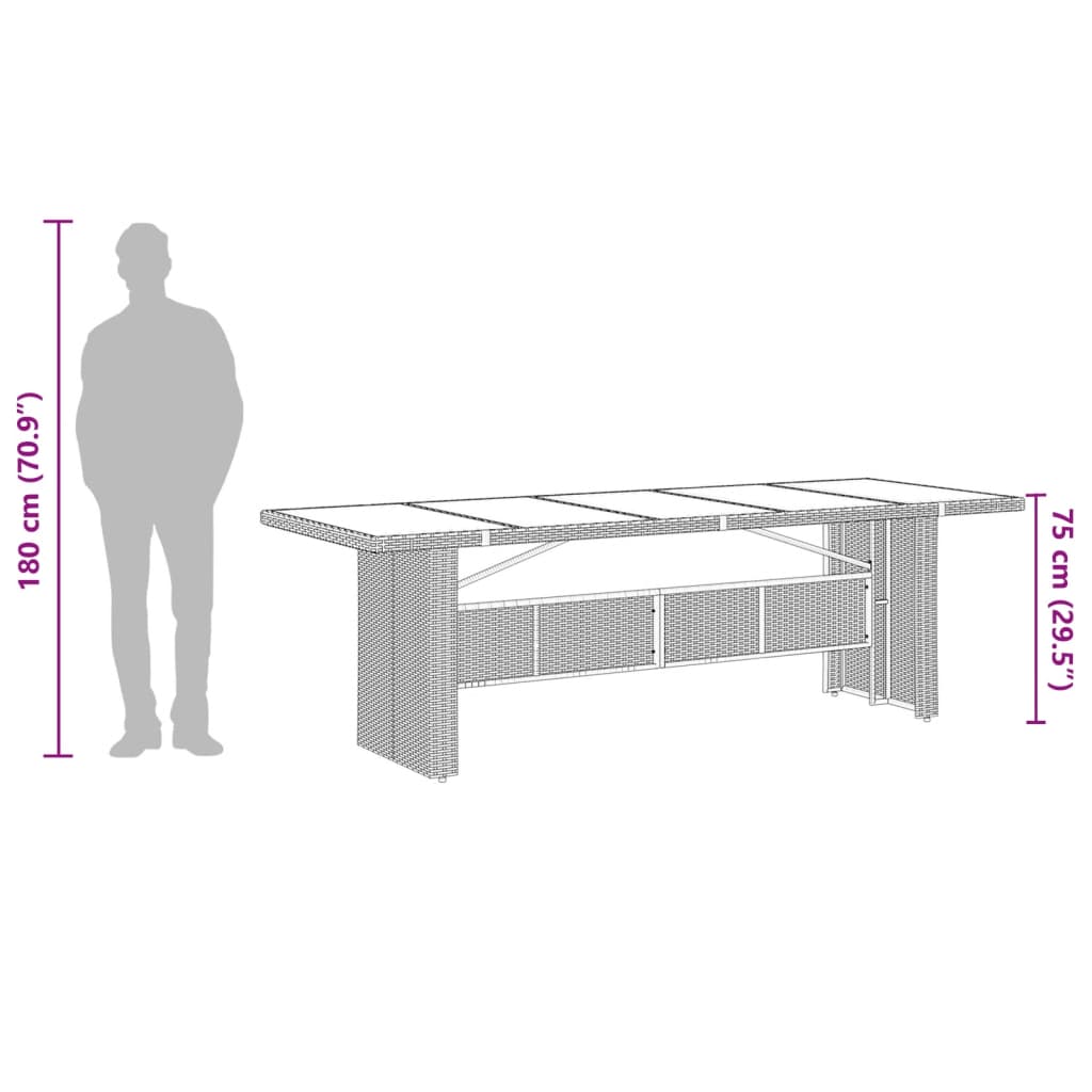 vidaXL Puutarhapöytä lasipöytälevy musta 240x90x75 cm polyrottinki