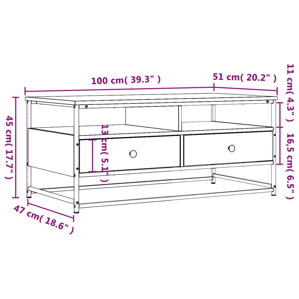 vidaXL Sohvapöytä ruskea tammi 100x51x45 cm tekninen puu