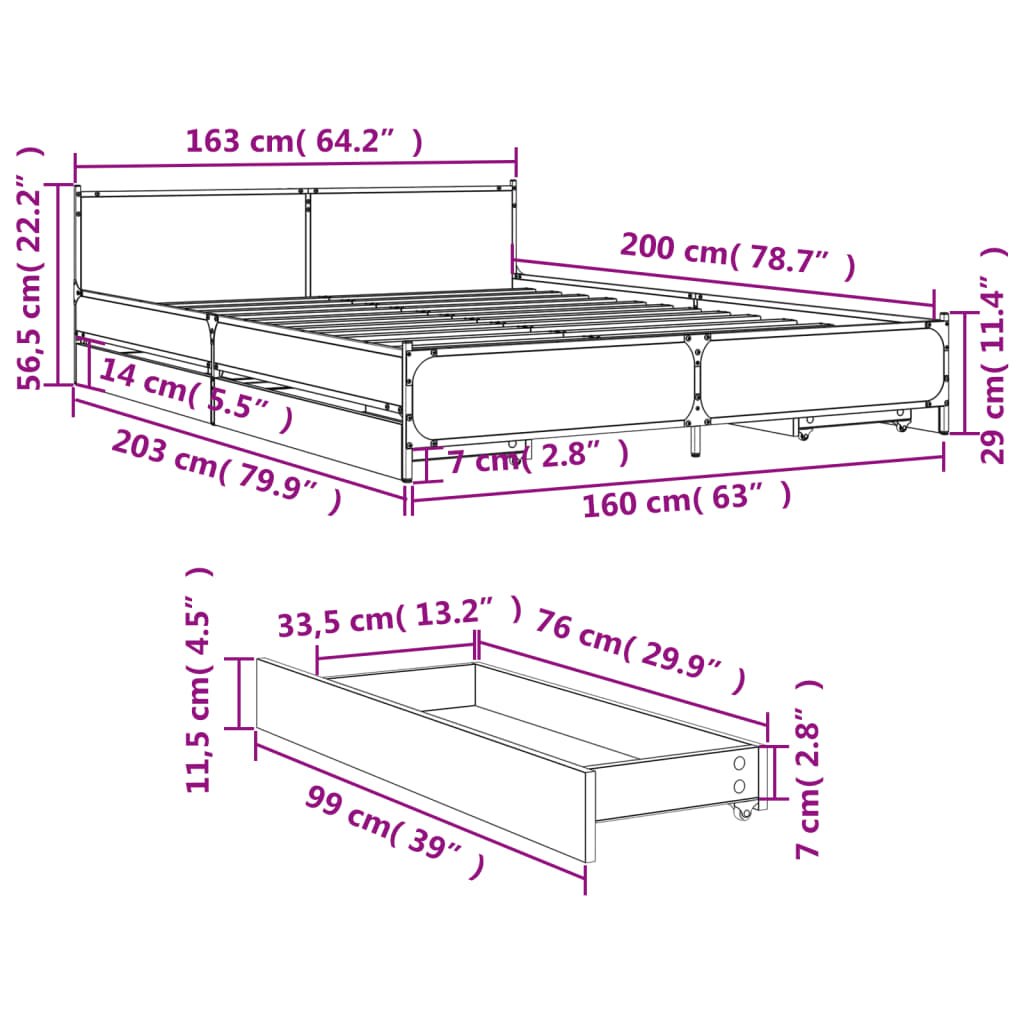 vidaXL Sängynrunko laatikoilla musta 160x200 cm tekninen puu