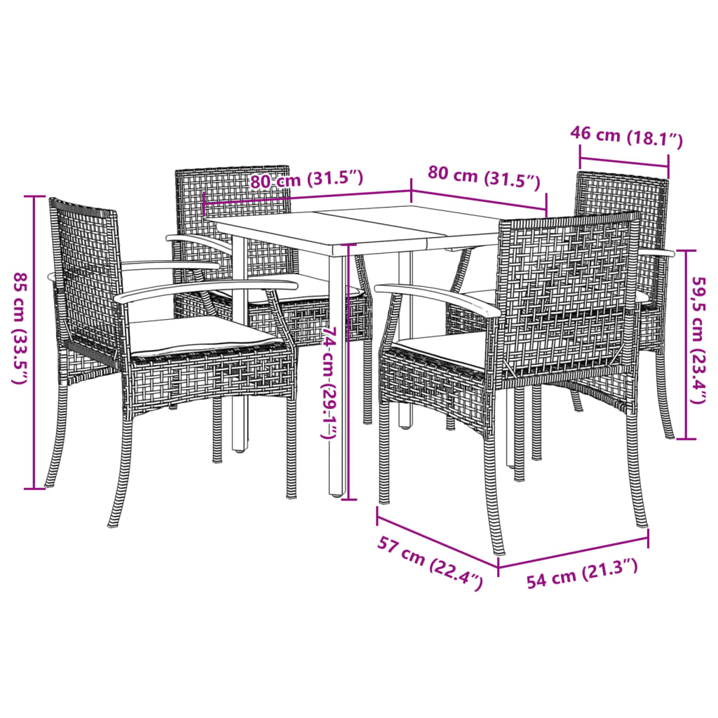 vidaXL 5-osainen Ulkoruokailuryhmä tyynyillä musta polyrottinki