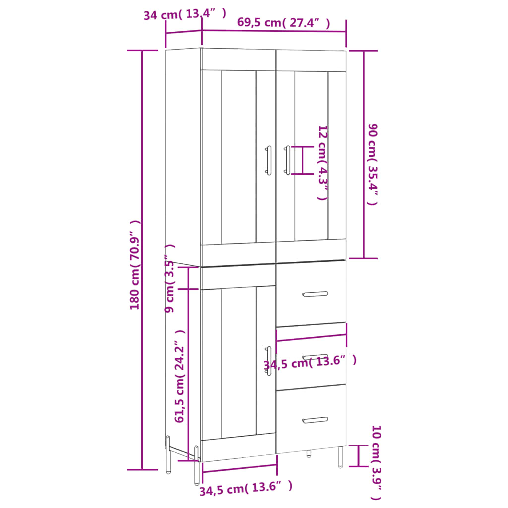 vidaXL Kaappi betoninharmaa 69,5x34x180 cm tekninen puu