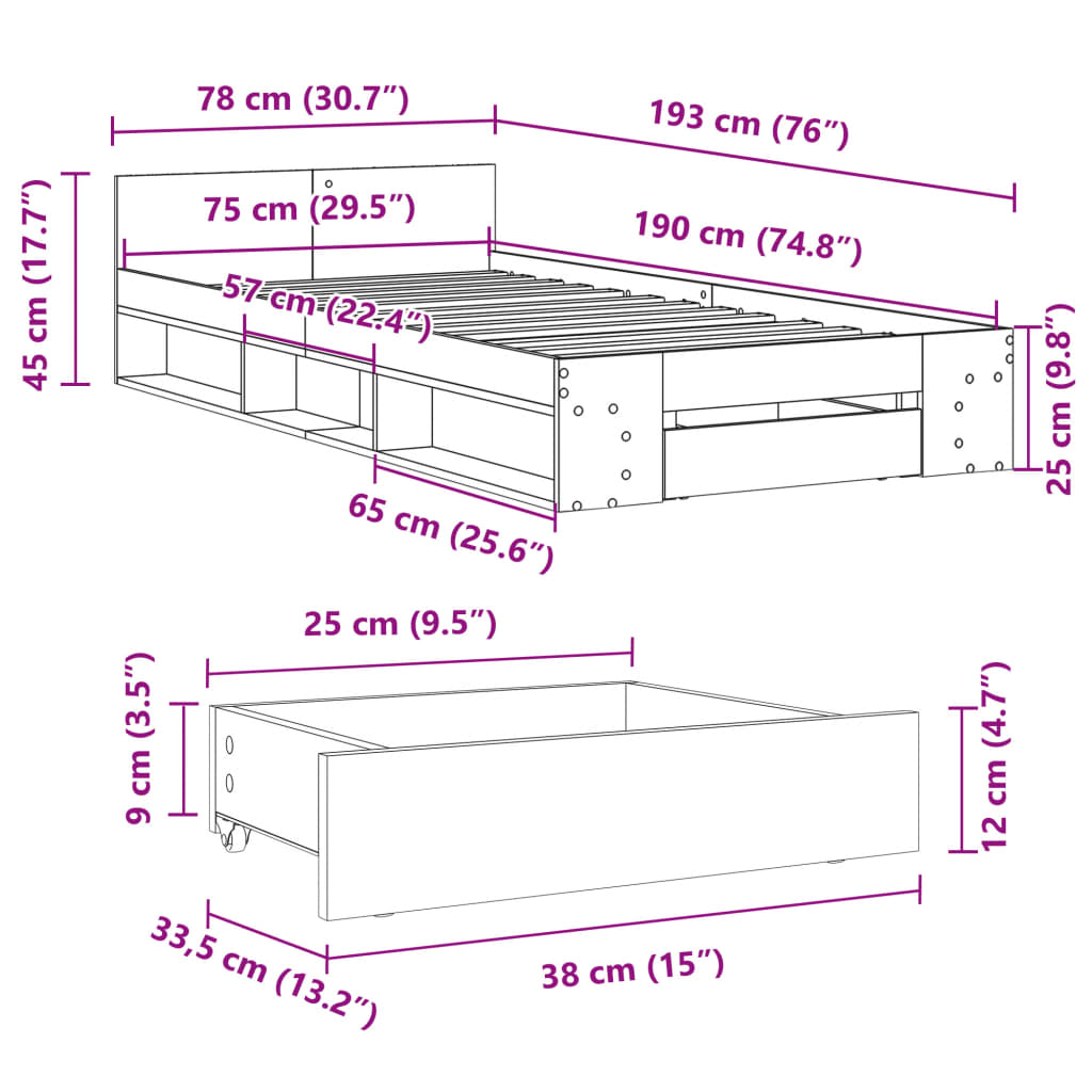 vidaXL Sängynrunko laatikolla Sonoma-tammi 75x190 cm tekninen puu