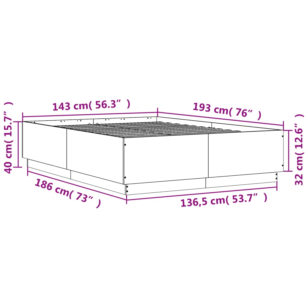 vidaXL Sängynrunko LED-valoilla savutammi 140x190 cm tekninen puu