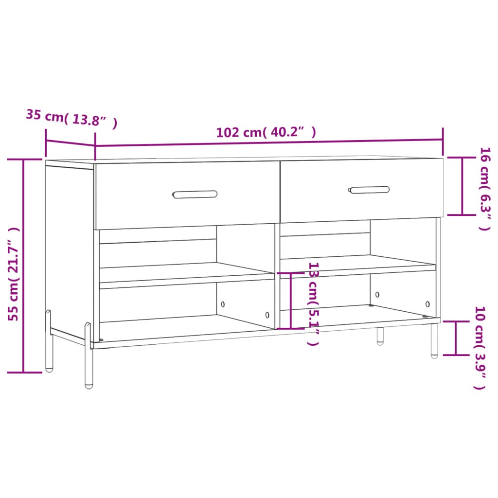 vidaXL Kenkäpenkki Sonoma-tammi 102x35x55 cm tekninen puu