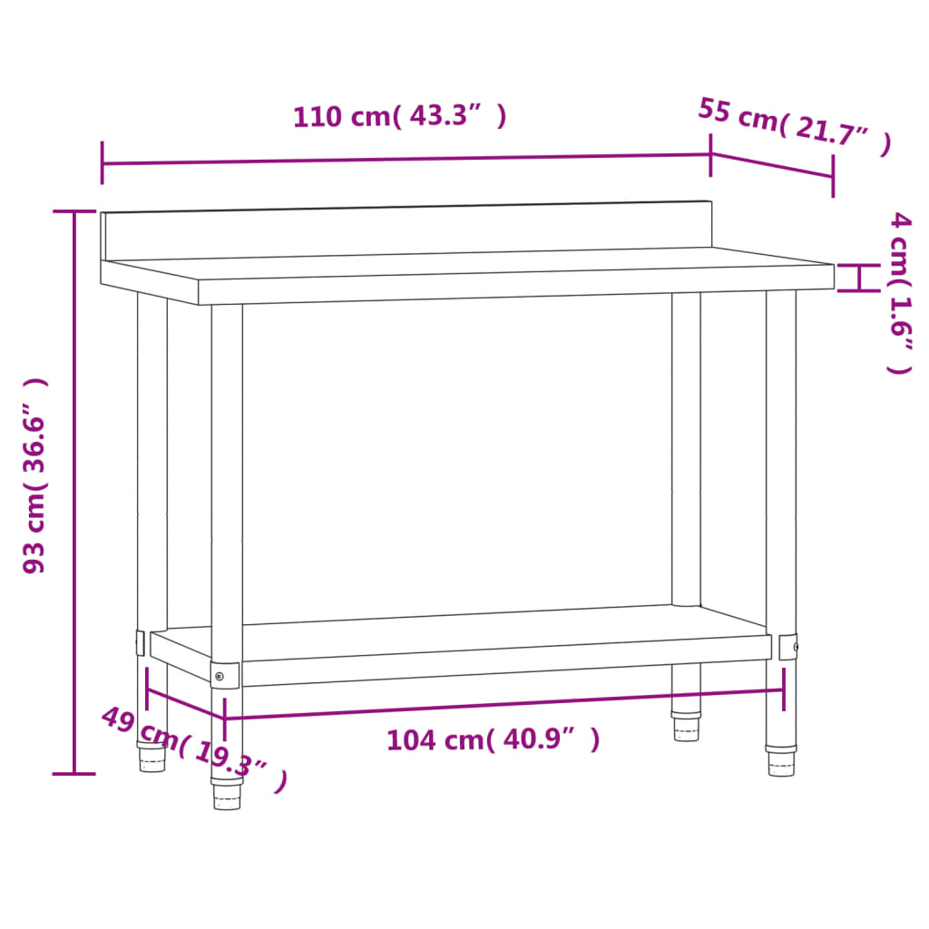 vidaXL Keittiön työpöytä roiskesuojalla 110x55x93 cm ruostumaton teräs