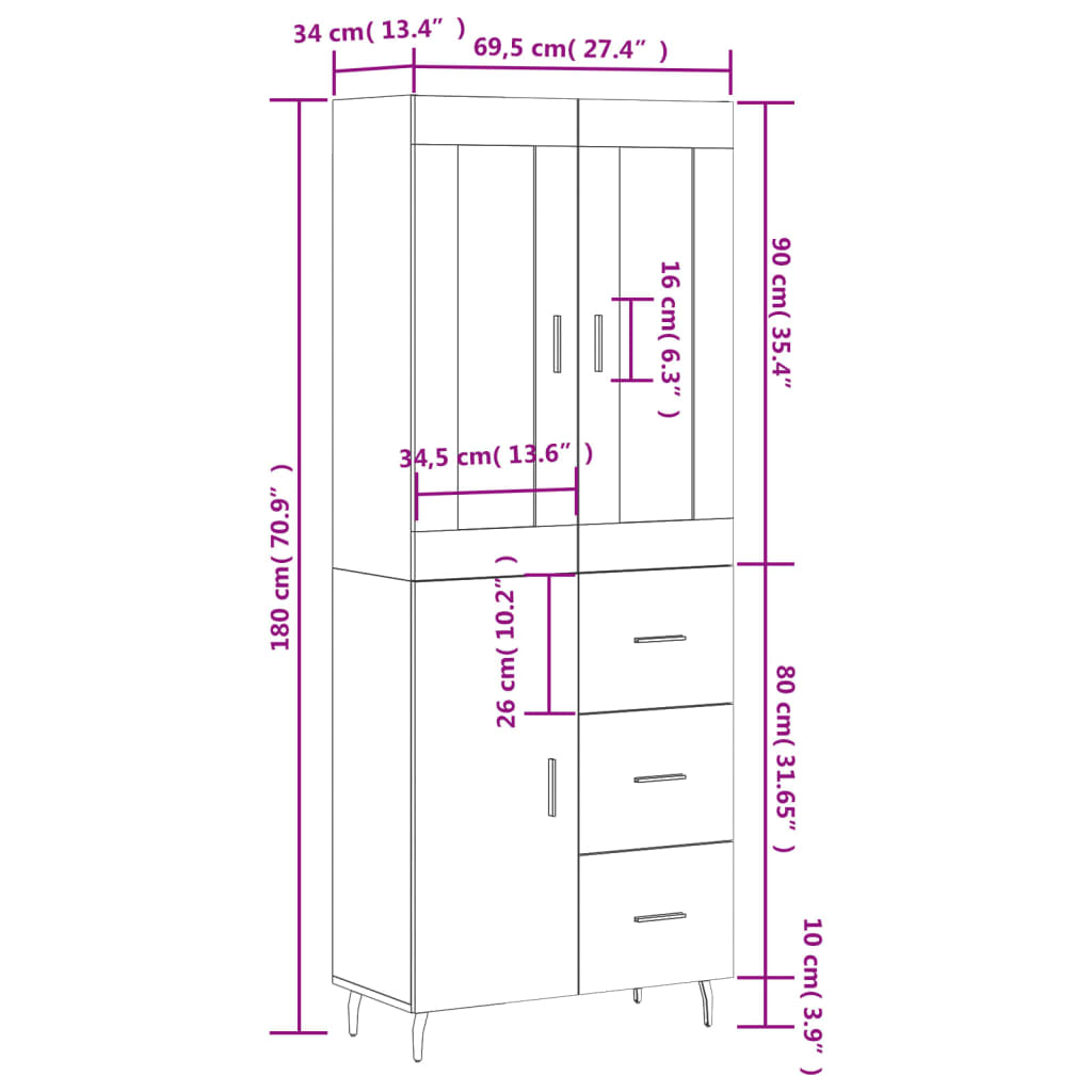 vidaXL Kaappi ruskea tammi 69,5x34x180 cm tekninen puu