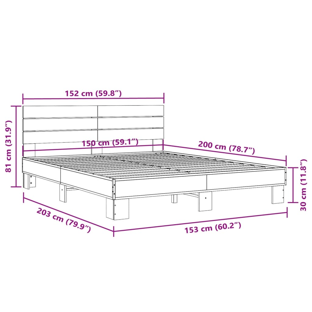 vidaXL Sängynrunko savutammi 150x200 cm tekninen puu ja metalli