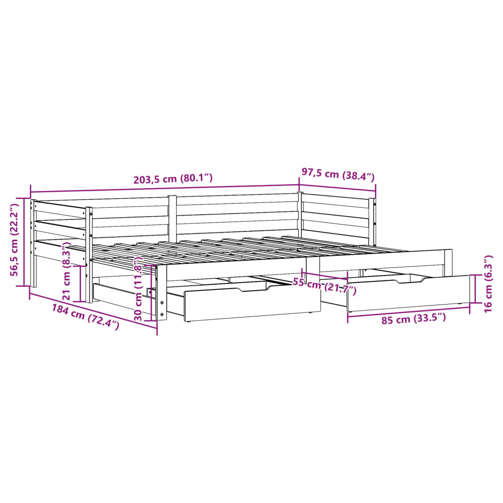 vidaXL Vuodesohva rullilla ja laatikoilla ruskea 90x200 cm täysi mänty