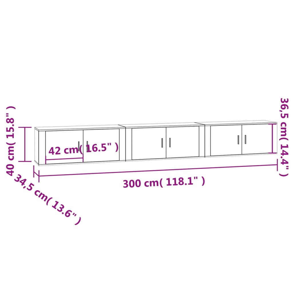 vidaXL Seinäkiinnitettävät TV-kaapit 3 kpl savutammi 100x34,5x40 cm