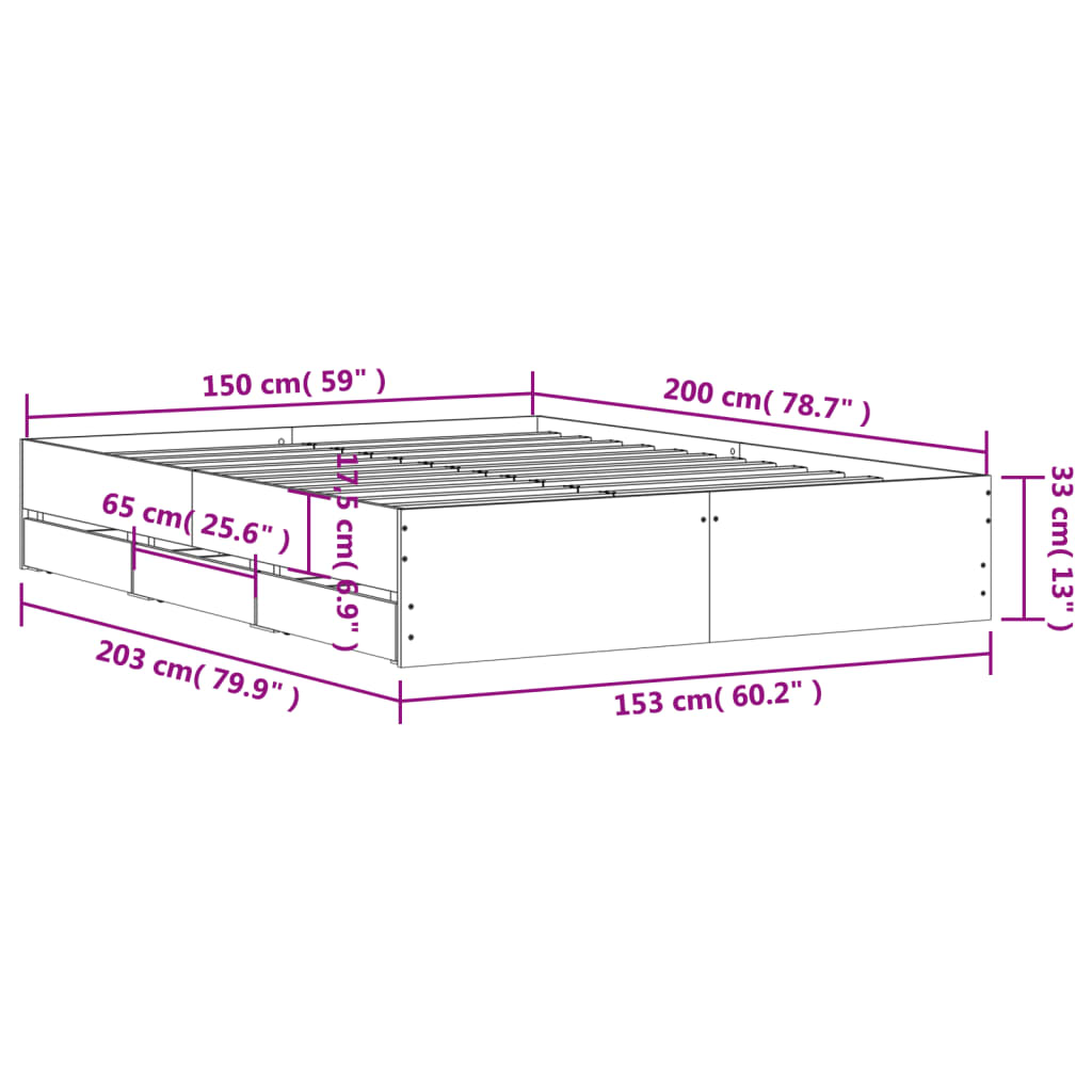 vidaXL Sängynrunko laatikoilla harmaa Sonoma 150x200 cm tekninen puu