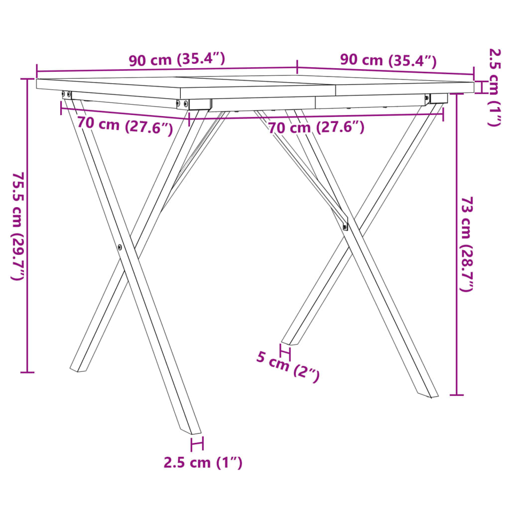 vidaXL Ruokapöytä X-runko 90x90x75,5 cm täysi mänty ja valurauta