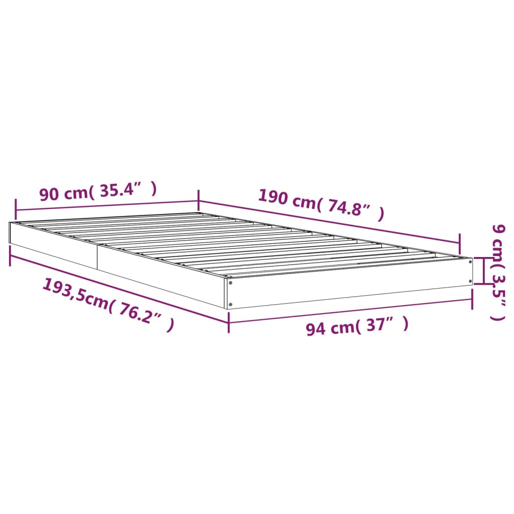 vidaXL Sängynrunko musta 90x190 cm Single täysi mänty